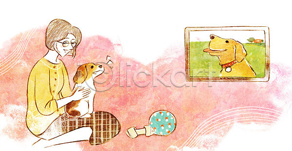 귀여움 동물보호 함께함 행복 사람 성인 여자 한명 PSD 일러스트 강아지 개껌 동물 두마리 반려동물 비글 텔레비전