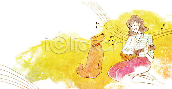 귀여움 동물보호 함께함 행복 사람 성인 여자 한명 PSD 일러스트 강아지 동물 반려동물 연주 우쿨렐레 음악 한마리