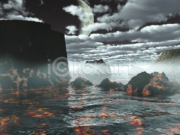 사람없음 3D JPG 일러스트 포토 해외이미지 공상 구름(자연) 그림 달 땅 물 바다 세대 쌍 안개 야간 용암 풍경(경치) 해외202004 화산