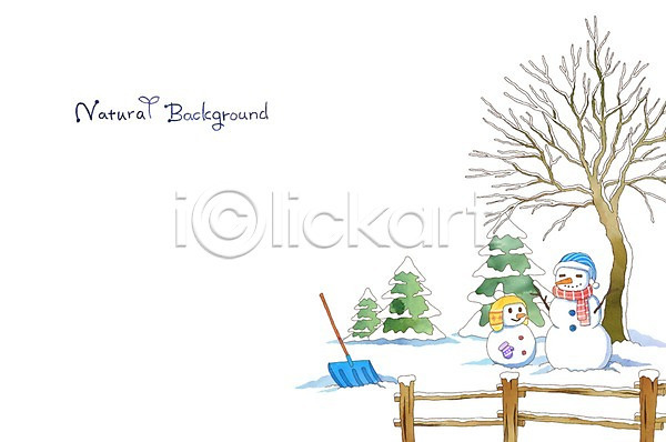 분위기 순수 사람없음 PSD 일러스트 겨울 겨울배경 계절 나무 눈(날씨) 눈사람 백그라운드 삽 울타리 자연