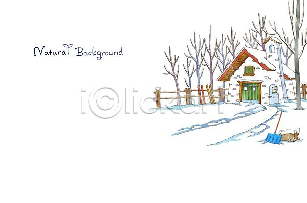 분위기 순수 사람없음 PSD 일러스트 겨울 겨울배경 계절 나무 눈(날씨) 백그라운드 삽 울타리 자연 주택