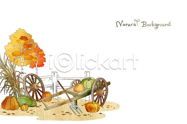 분위기 순수 사람없음 PSD 일러스트 가을(계절) 가을배경 계절 농기구 바퀴 백그라운드 수레 울타리 자연 호박