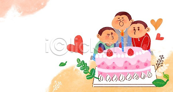함께함 행복 남자 남자만 사람 세명 어린이 어린이만 PSD 일러스트 가족 라이프스타일 생일 쌍둥이 음식 초 케이크 형제