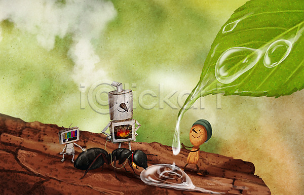 산책 상상 사람없음 PSD 일러스트 개미 곤충 깡통로봇 나무인형 난로 물 물방울 백그라운드 연기 잎 텔레비전 화분