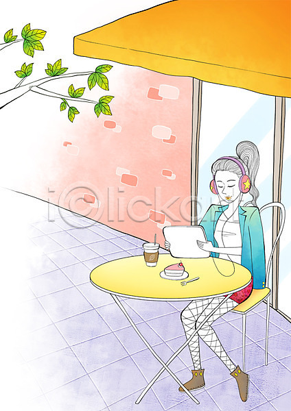 휴식 사람 성인 여자 한명 PSD 일러스트 라이프스타일 모던 모던피플 안식처 야외 음악감상 주간 카페 태블릿 헤드폰