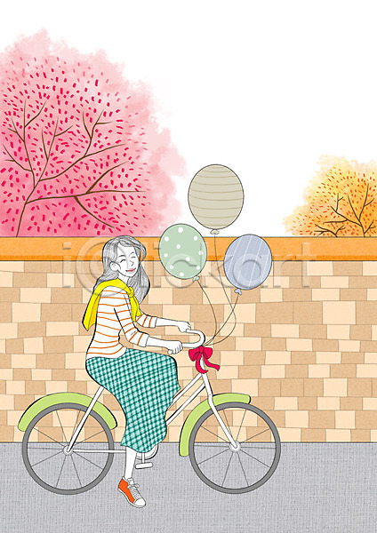 사람 성인 여자 한명 PSD 일러스트 나무 담장 라이프스타일 모던 모던피플 식물 야외 야외활동 자전거 주간 풍선