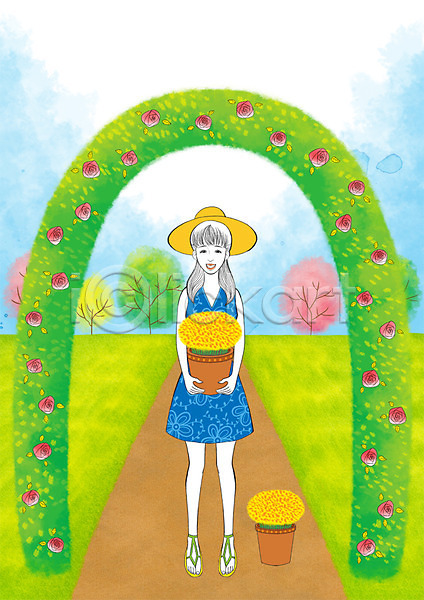 사람 성인 여자 한명 PSD 일러스트 꽃 나무 라이프스타일 모던 모던피플 모자(잡화) 식물 야외 원예 주간 화분