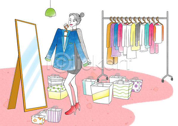 사람 성인 여자 한명 PSD 일러스트 거울 라이프스타일 모던 모던피플 쇼핑 쇼핑백 옷 옷걸이