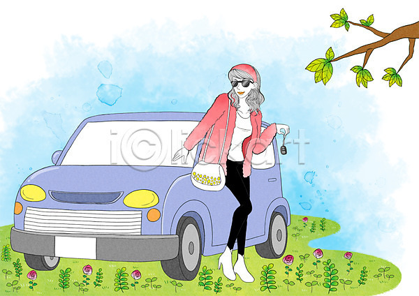 사람 성인 여자 한명 PSD 일러스트 가방 꽃 나무 드라이브 라이프스타일 모던 모던피플 선글라스 식물 야외 열쇠 자동차 주간