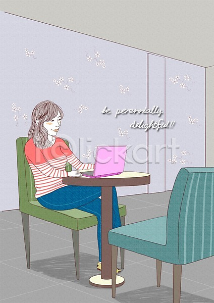 사람 성인 여자 한명 PSD 일러스트 노트북 라이프스타일 모던 모던피플 실내 앉기 의자 탁자