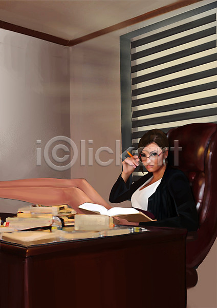 섹시 유혹 사람 성인 여자 한명 PSD 일러스트 사무실 실내 앉기 업무 의자 책 책상