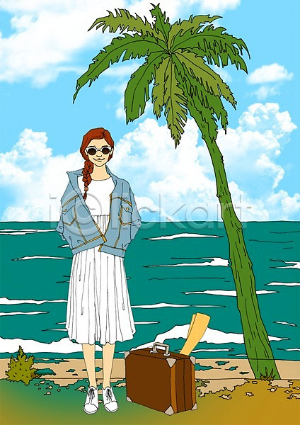 자유 함께함 휴식 사람 성인 여자 한명 PSD 일러스트 가방 계절 구름(자연) 라이프스타일 만화 바다 선글라스 식물 아트툰 안식처 야외 야자수 여름(계절) 여행 주간 하늘 해변 휴가