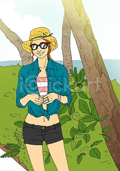 자유 함께함 휴식 사람 성인 여자 한명 PSD 일러스트 계절 나무 라이프스타일 만화 모자(잡화) 바다 선글라스 식물 아트툰 야외 여름(계절) 여행 주간 휴가