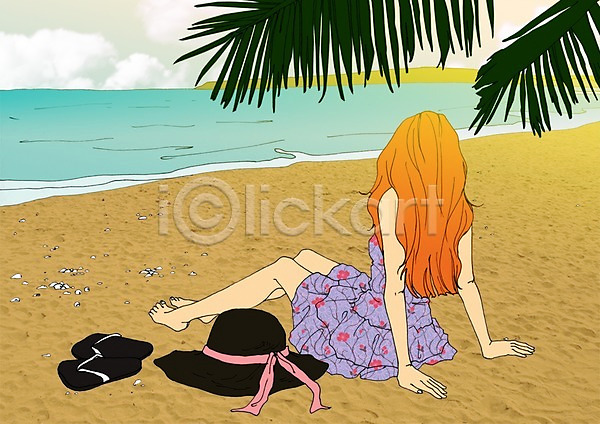 자유 함께함 휴식 사람 성인 여자 한명 PSD 뒷모습 일러스트 계절 라이프스타일 만화 모래사장 모자(잡화) 바다 식물 아트툰 앉기 야외 야자수 여름(계절) 여행 주간 쪼리 해변 휴가