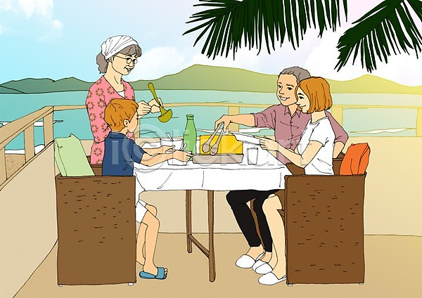 자유 함께함 휴식 남자 노년 사람 성인 어린이 여자 PSD 일러스트 가족 계절 라이프스타일 만화 바다 발코니 식물 식탁 아트툰 야외 야자수 여름(계절) 여행 음식 의자 접시 주간 집게 휴가