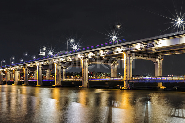 사람없음 JPG 포토 강 다리(건축물) 반사 반포대교 빛 서울 야간 야경 야외 자동차 풍경(경치) 한강 한국