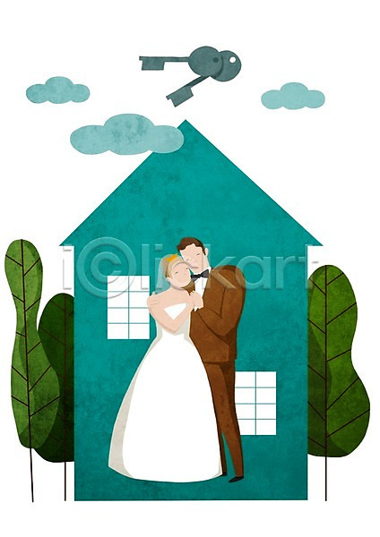 사랑 함께함 행복 남자 두명 사람 성인 여자 PSD 일러스트 결혼 구름(자연) 나무 손잡기 신랑 신부(웨딩) 열쇠 웨딩드레스 정장 주택 커플 턱시도