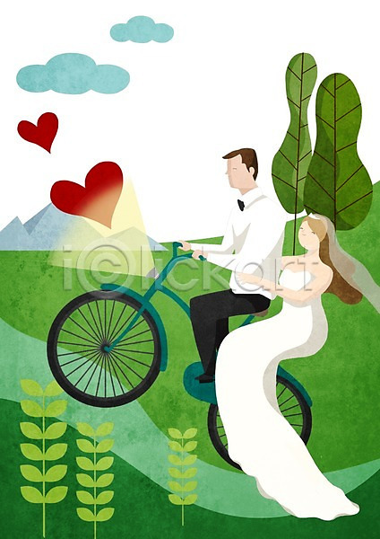 사랑 함께함 행복 남자 두명 사람 성인 여자 PSD 일러스트 결혼 구름(자연) 나무 산 식물 신랑 신부(웨딩) 웨딩드레스 자연 자전거 정장 커플 턱시도 하트