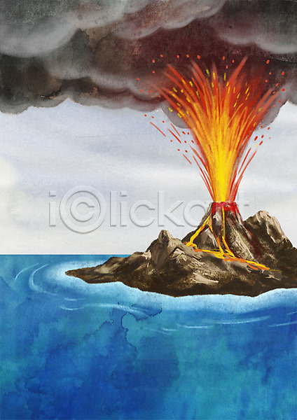 고통 무서움 사람없음 PSD 일러스트 구름(자연) 물 바다 섬 용암 자연재해 폭발 화산 환경