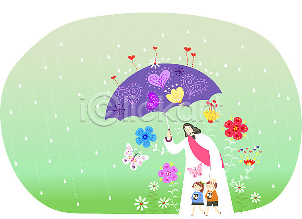 믿음 행복 남자 사람 성인 어린이 여자 AI(파일형식) 일러스트 기독교 꽃 나비 날씨 백그라운드 비(날씨) 식물 예수 우산 종교 하나님 하트
