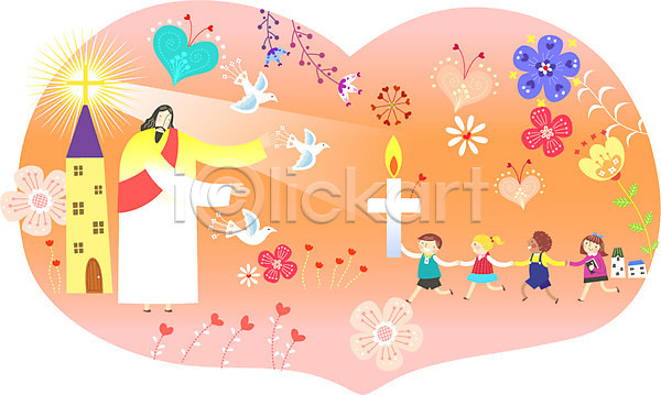 믿음 행복 남자 사람 성인 어린이 여러명 여자 AI(파일형식) 일러스트 교회 기독교 꽃 백그라운드 손잡기 식물 십자가 예수 조류 종교 주택 촛불 하나님