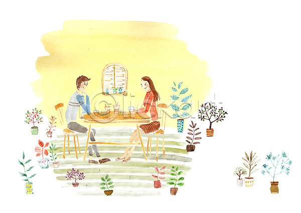 사랑 티타임 함께함 남자 두명 사람 성인 성인만 여자 PSD 일러스트 마주보기 식물 앉기 의자 창문 카페 커플 탁자 화분