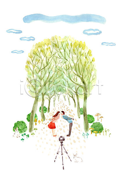 사랑 함께함 남자 두명 사람 성인 성인만 여자 PSD 일러스트 가로수 나무 사진촬영 삼각대 식물 야외 주간 카메라 커플 클로버 키스 토끼