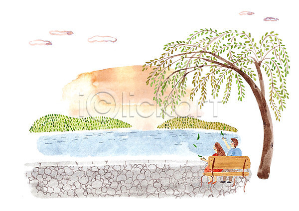 사랑 함께함 남자 두명 사람 성인 성인만 여자 PSD 일러스트 공원 나무 노을 벤치 식물 야외 주간 커플 풍경(경치) 호수