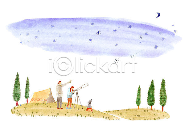 사랑 함께함 남자 두명 사람 성인 성인만 여자 PSD 일러스트 강아지 관측 나무 달 망원경 밤하늘 별 식물 야간 야외 잔디 커플 텐트