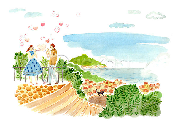 사랑 함께함 남자 두명 사람 성인 성인만 여자 PSD 일러스트 계단 고양이 마을 바다 비눗방울 섬 식물 야외 주간 주택 커플 풀(식물) 하트 해변