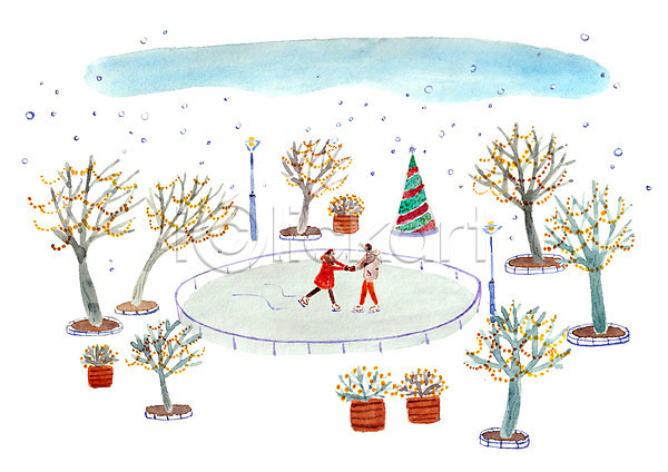 사랑 함께함 남자 두명 사람 성인 성인만 여자 PSD 일러스트 가로등 겨울 계절 나무 눈(날씨) 손잡기 스케이트 식물 아이스스케이트 야외 주간 커플 크리스마스 크리스마스트리 화분