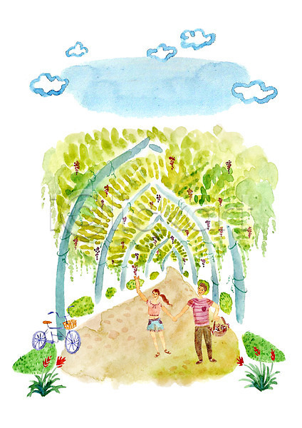 사랑 산책 함께함 남자 두명 사람 성인 성인만 여자 PSD 일러스트 계절 과일 꽃 바구니 식물 야외 여름(계절) 자전거 주간 커플 포도 포도나무