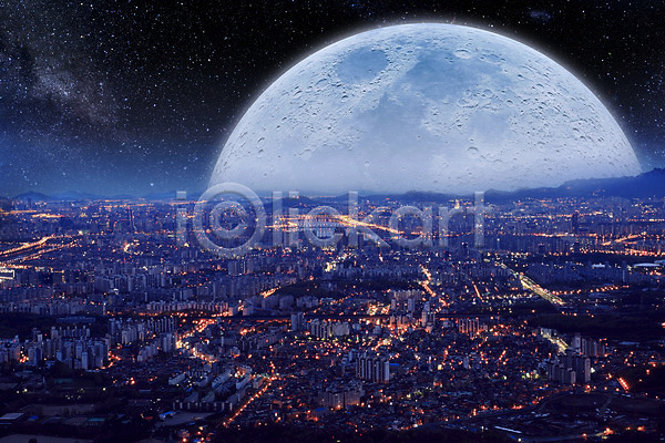 신비 화려 사람없음 3D JPG 디지털합성 편집이미지 도시 디지털아트 백그라운드 별 서울 야경 우주 은하수(은하) 합성 행성