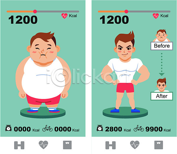 계획 남자 사람 성인 성인남자만 여러명 AI(파일형식) 일러스트 건강 근육 꾸미기 다이어트 라벨 비만 실천 운동 자전거 저울 전후 칼로리