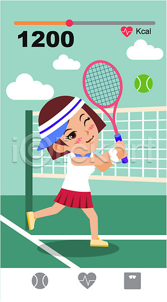 사람 성인 성인여자한명만 여자 한명 AI(파일형식) 일러스트 건강 구름(자연) 다이어트 야외 운동 주간 칼로리 테니스 테니스공 테니스라켓