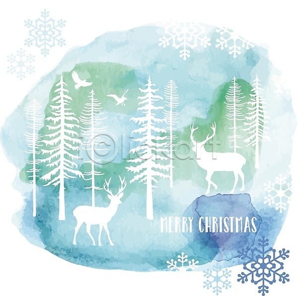EPS 실루엣 일러스트 해외이미지 겨울 나무 나뭇가지 눈송이 백그라운드 사슴 수채화(물감) 야생동물 자연 초록색 크리스마스 파란색 해외202004