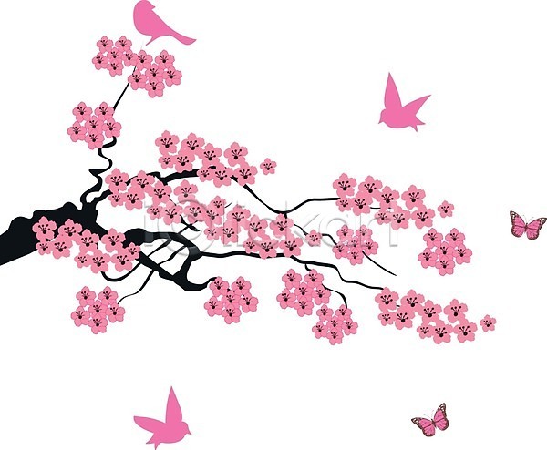 사람없음 EPS 일러스트 해외이미지 나뭇가지 나비 벚꽃 분홍색 조류 추상 해외202004