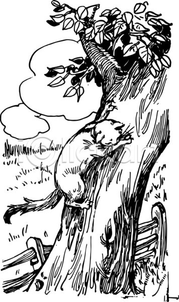 사람없음 EPS 일러스트 해외이미지 검은색 고양이 구름(자연) 그림 나무 나뭇잎 내려보기 라인아트 오르기 울타리 초원(자연) 판화 한마리 해외202004