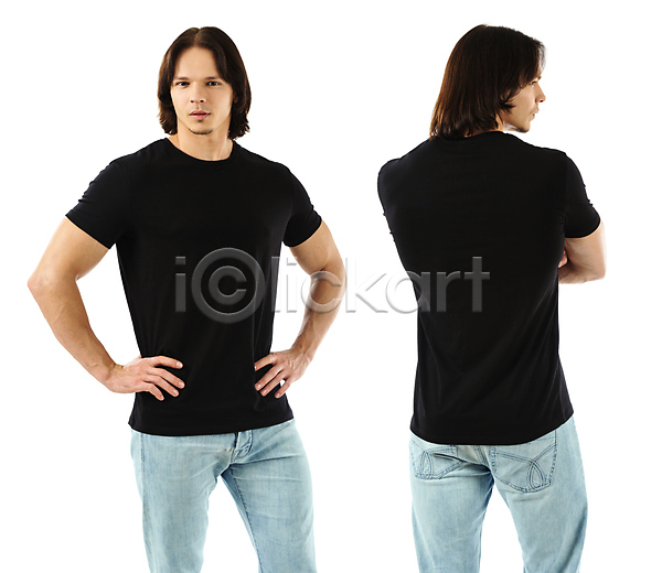 성인 한명 JPG 포토 해외이미지 검은색 고립 공백 근육질 면 모델 서기 셔츠 심각 옷 유행 정상 티셔츠 포즈 해외202004 흰배경