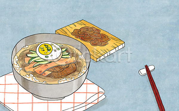 사람없음 PSD 일러스트 계란 그릇 냉면 도마(주방용품) 물냉면 백그라운드 오이 육류 음식 젓가락 제철음식 천(직물)