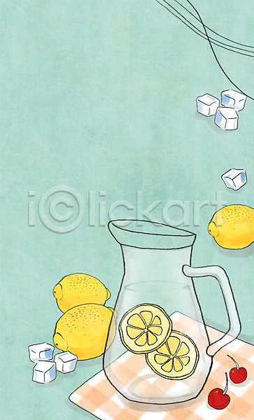 사람없음 PSD 일러스트 과일 레몬 레몬수 백그라운드 얼음 유리병 음료 음식 천(직물) 체리