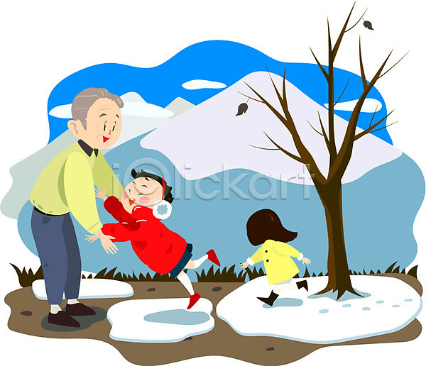 남자 노년 사람 성인 세명 어린이 여자 AI(파일형식) 일러스트 1월 겨울 계절 고향 귀성길 나무 눈(날씨) 산 새해 손녀 손자 식물 야외 주간 할아버지