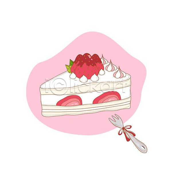사람없음 AI(파일형식) 일러스트 과일 디저트 딸기 딸기케이크 리본 조각케이크 케이크 포크