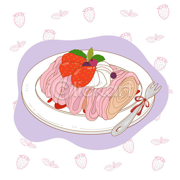 사람없음 AI(파일형식) 일러스트 과일 디저트 딸기 리본 몽블랑 빵 접시 크림 포크