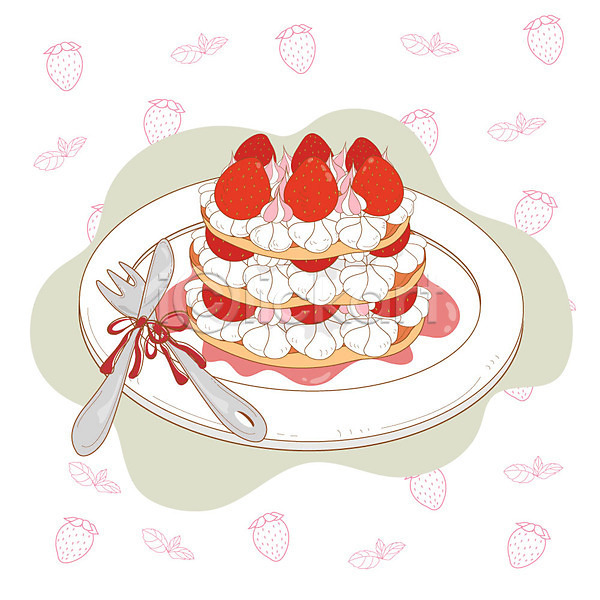 사람없음 AI(파일형식) 일러스트 과일 나이프 디저트 딸기 리본 접시 크림 팬케이크 포크