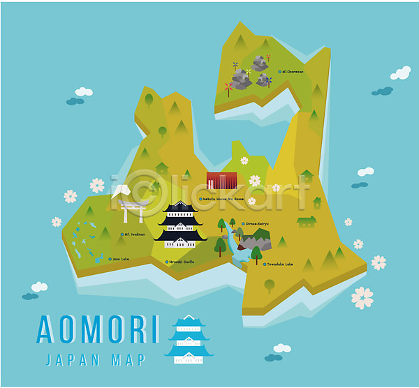 사람없음 AI(파일형식) 일러스트 계곡 관광지 섬 성 신사(일본건축) 아오모리 일본 일본지도 지도 지역 플랫 호수