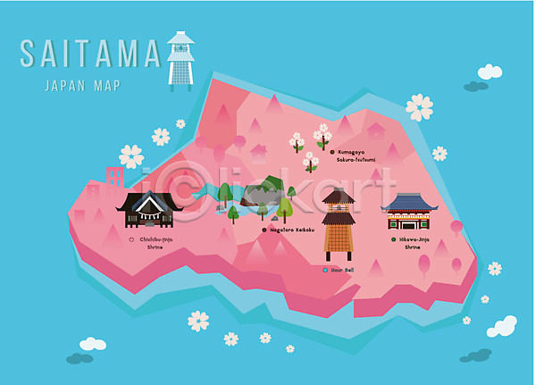 사람없음 AI(파일형식) 일러스트 관광지 사이타마 섬 성 신사(일본건축) 일본 일본지도 지도 지역 플랫