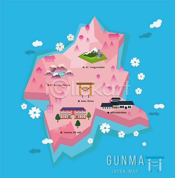 사람없음 AI(파일형식) 일러스트 관광지 군마 섬 신사(일본건축) 일본 일본지도 지도 지역 플랫 호수
