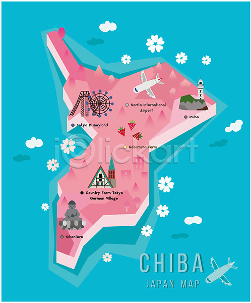 사람없음 AI(파일형식) 일러스트 과일 관광지 놀이공원 디즈니랜드 딸기 비행기 섬 일본 일본지도 지도 지역 치바 플랫