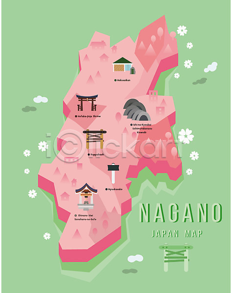 사람없음 AI(파일형식) 일러스트 관광지 나가노 동굴 섬 신사(일본건축) 일본 일본지도 지도 지역 플랫